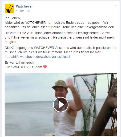 Watchever bedankt sich bei den treuen Kunden und verabschiedet sich von der Bildfläche. :( © couchmonauten.de / Facebook
